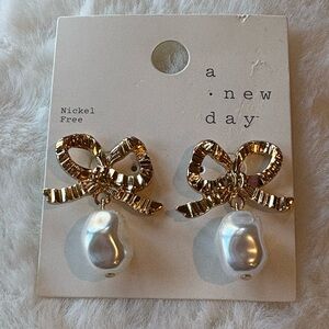 A New Day Gold Bow Pearl Drop Earrings NWT Nickel Free